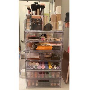Chloe Stackable Clear Makeup Holder and Double Drawer Cosmetics Organizer Set